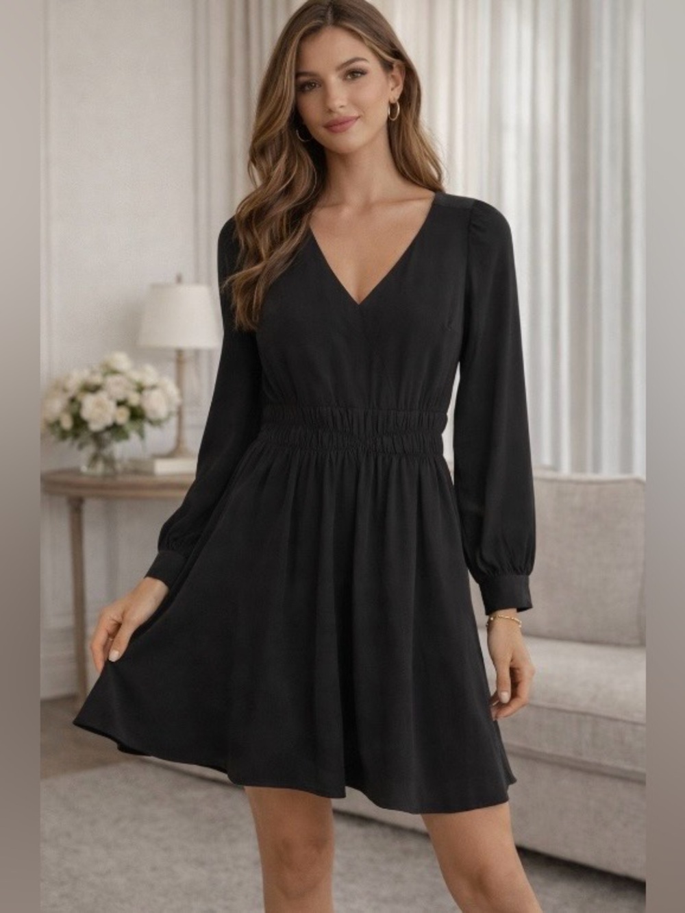 Express Black Long Sleeve V-Neck Dress Smocked Waist Flowy Mini Size M